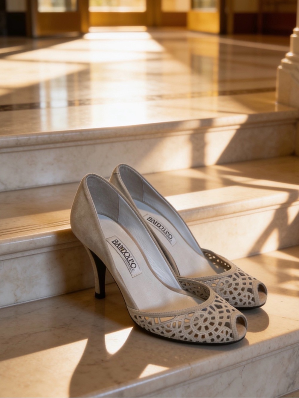 Bandolino Beige Laser-Cut Peep-Toe Heels